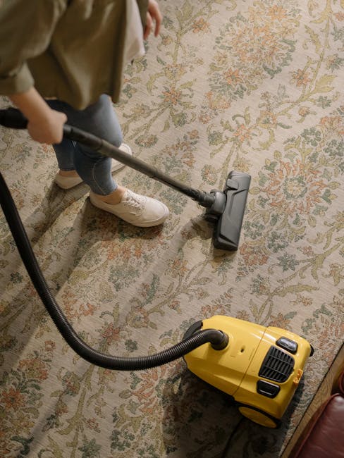 Close-up image of a person vacuuming a patterned area rug in a room, with visible sunlight streaming in. The vacuum cleaner's head is black, and the person’s white sneakers and grey trousers are par
